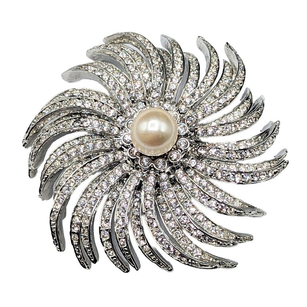 Vtg KJL Kenneth J Lane Crystal Rhinestone Faux Pearl Sunburst Silver Pin Brooch